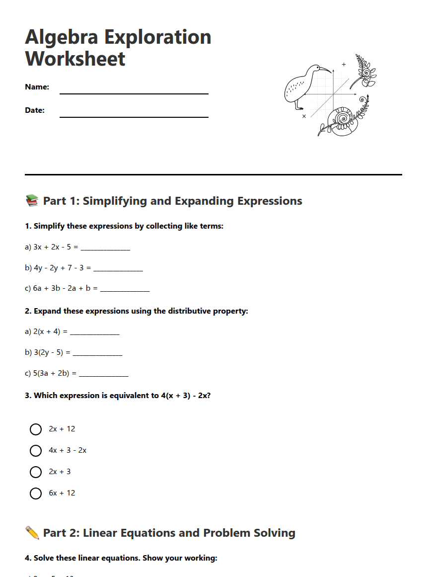 Algebra Exploration Worksheet worksheet preview