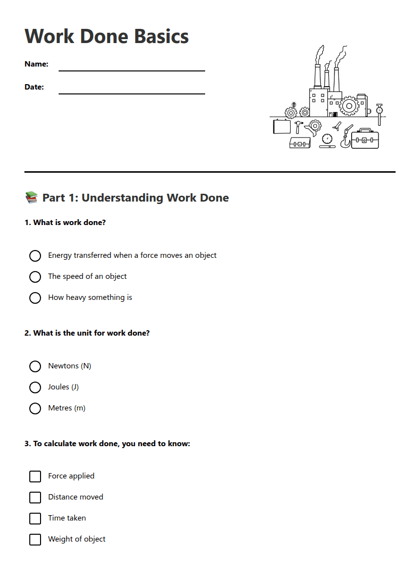 Work Done Basics worksheet preview