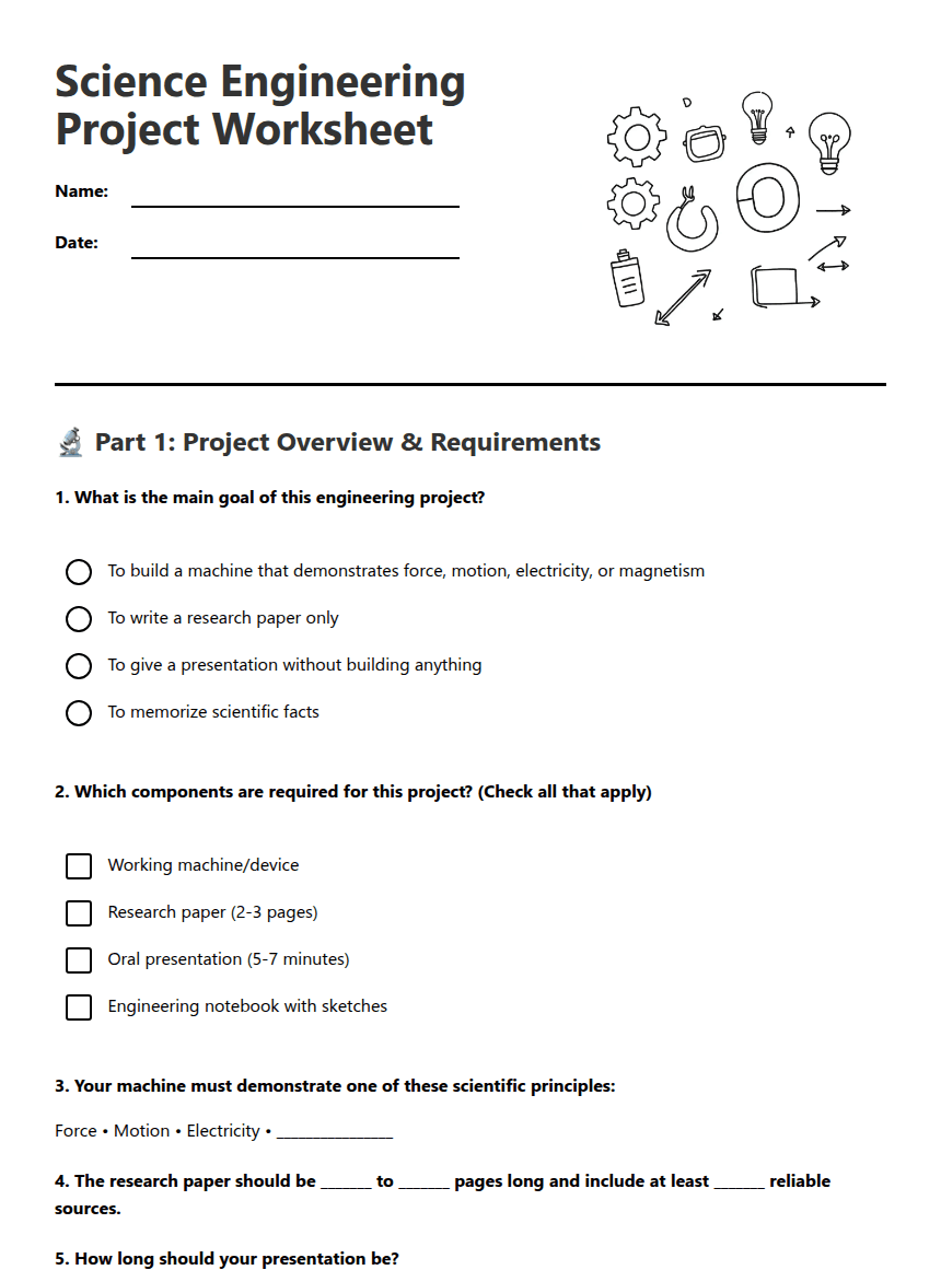 Science Engineering Project Worksheet worksheet preview