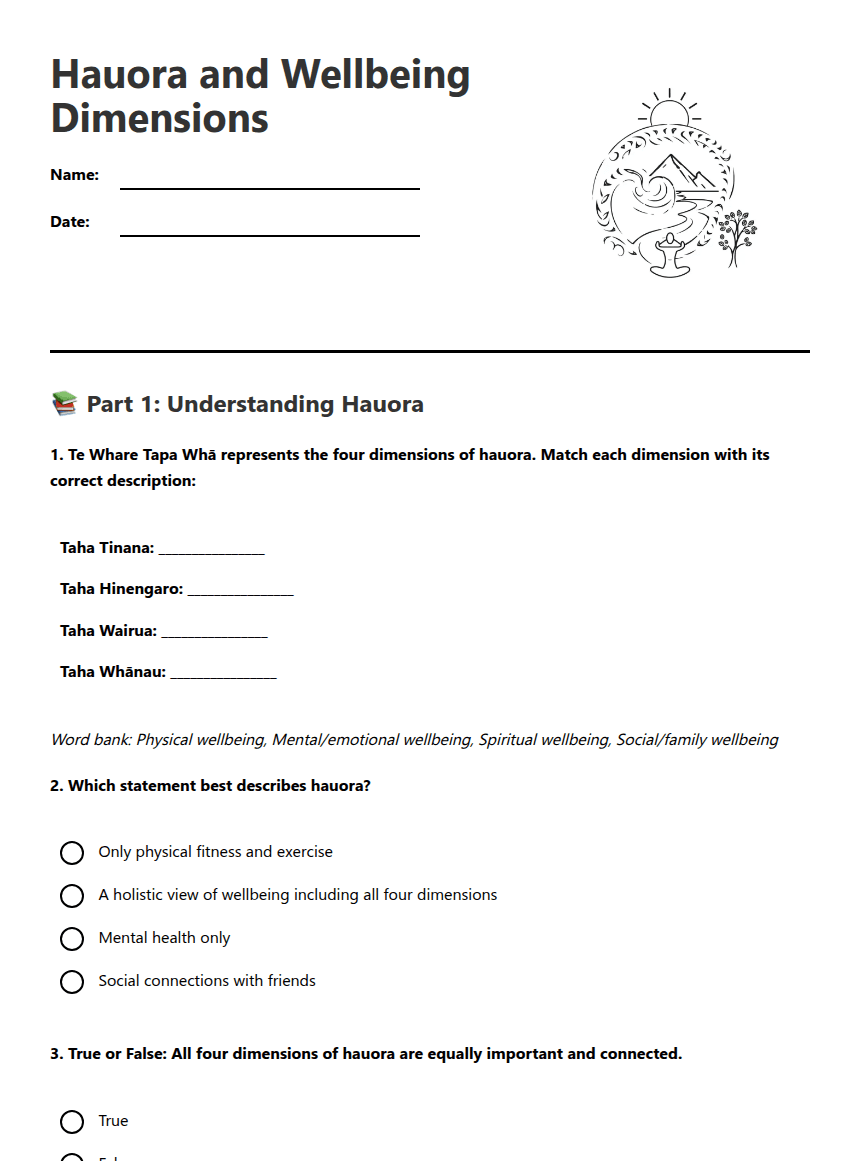 Hauora and Wellbeing Dimensions worksheet preview