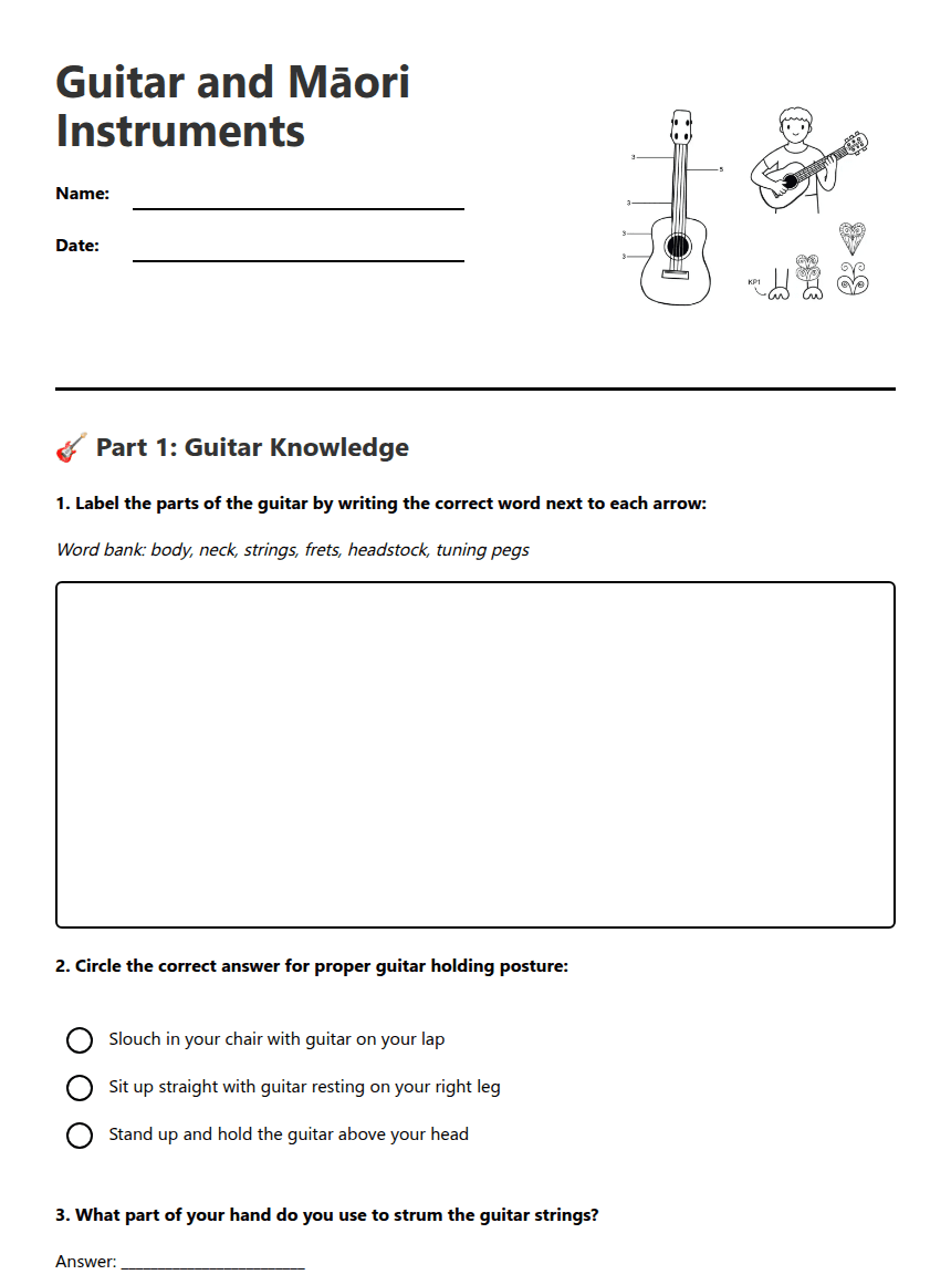 Guitar and Māori Instruments worksheet preview