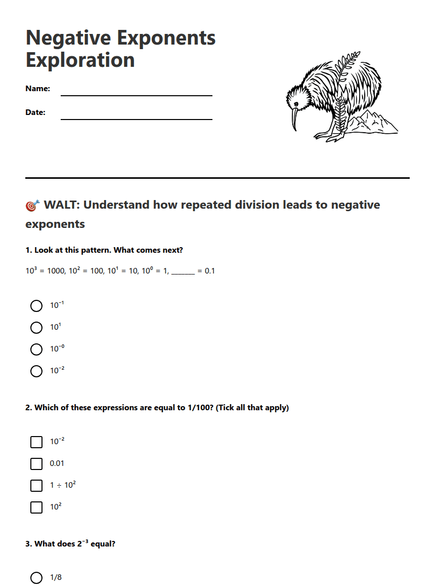 Negative Exponents Exploration worksheet preview