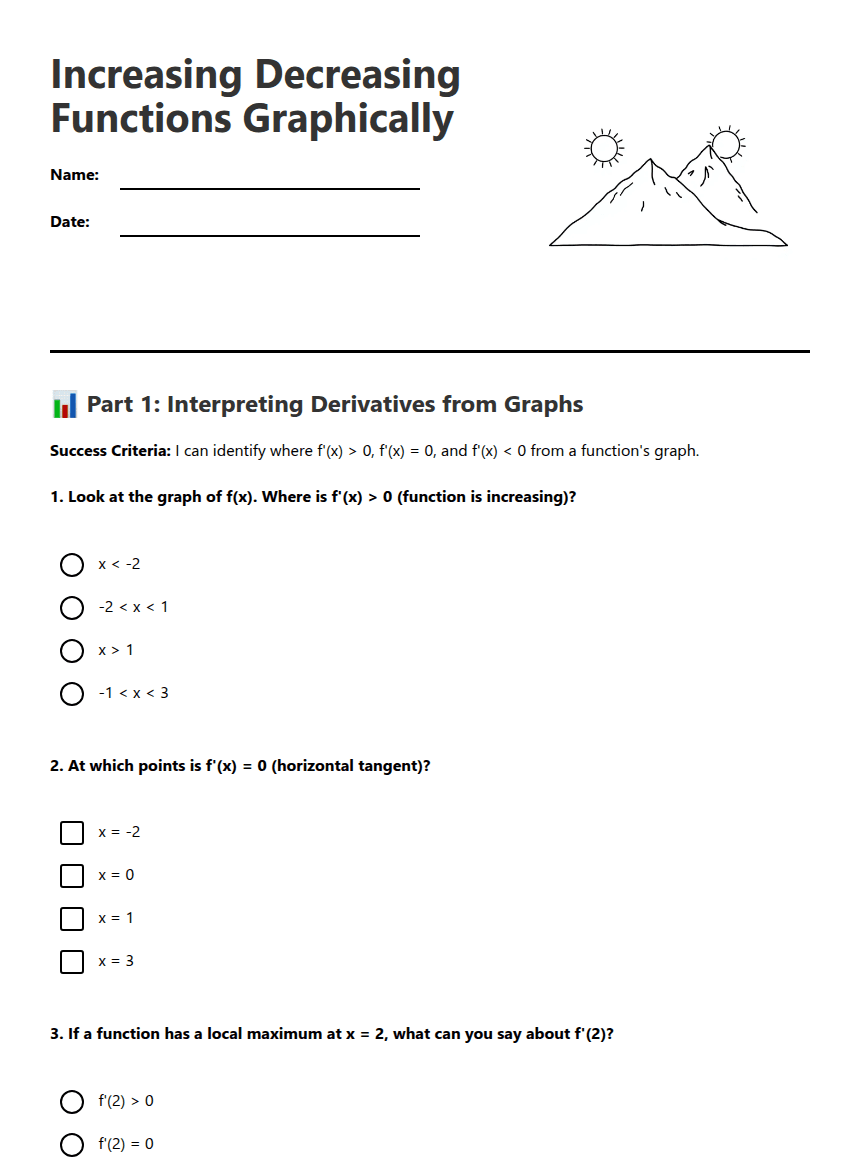Increasing Decreasing Functions Graphically worksheet preview