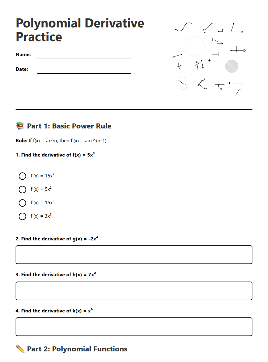 Polynomial Derivative Practice worksheet preview