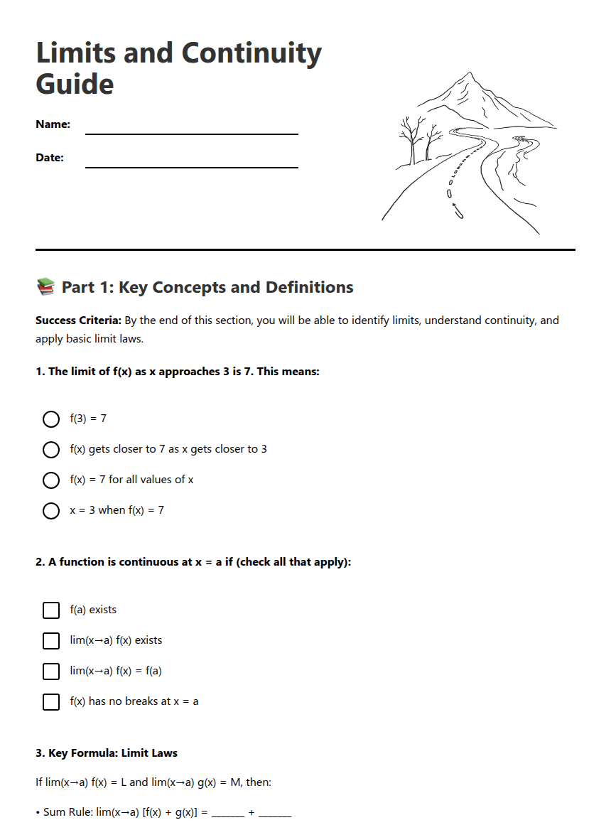 Limits and Continuity Guide worksheet preview