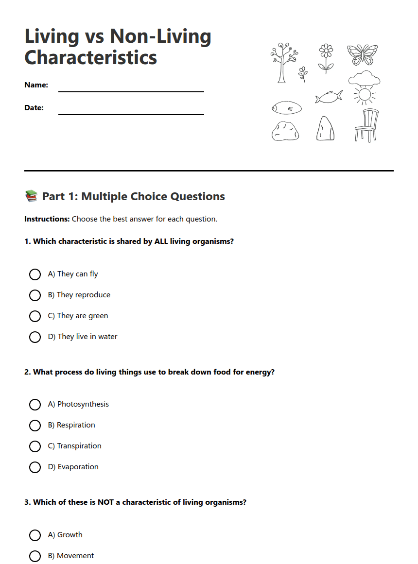 Living vs Non-Living Characteristics worksheet preview