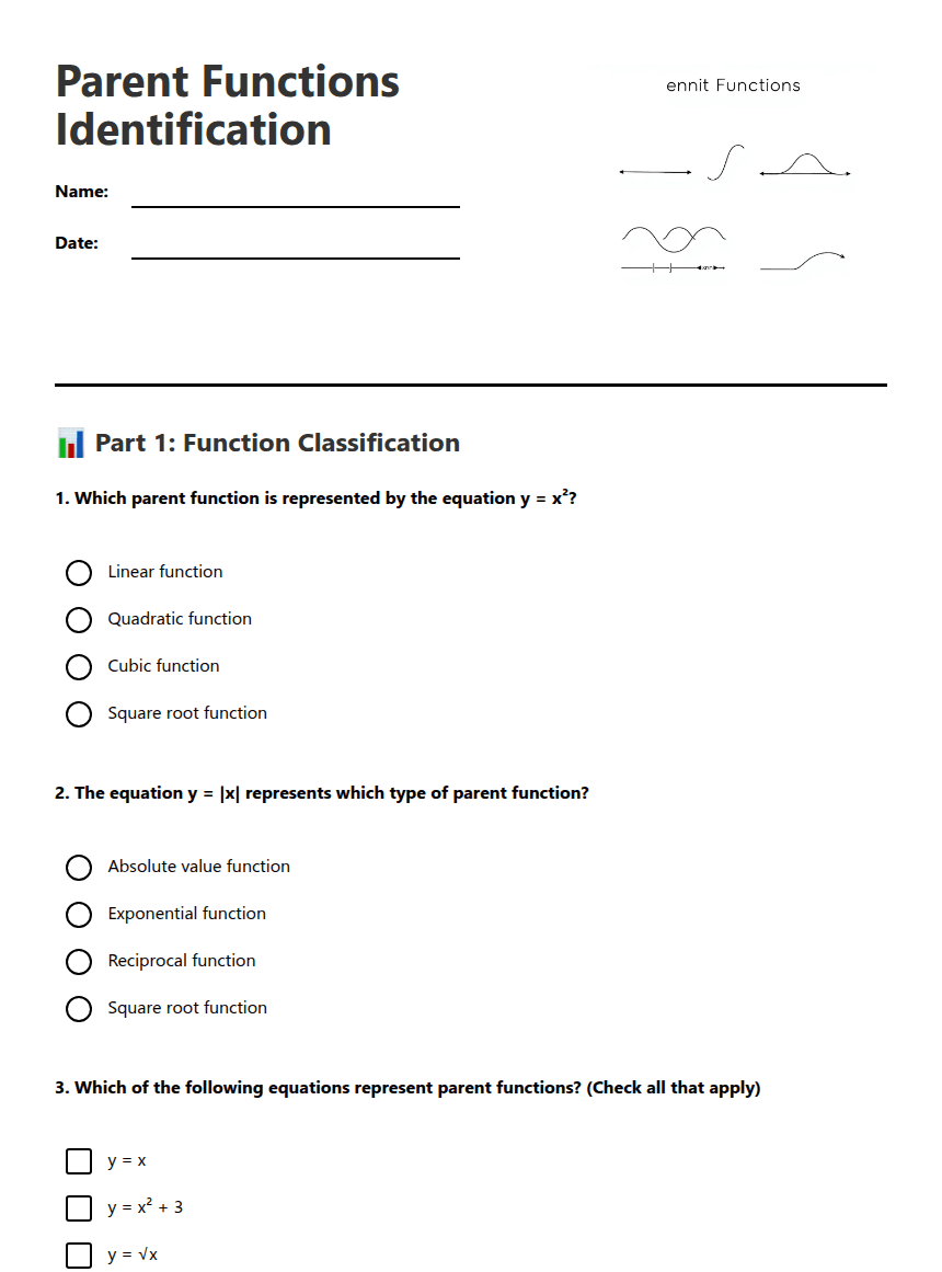 Parent Functions Identification worksheet preview