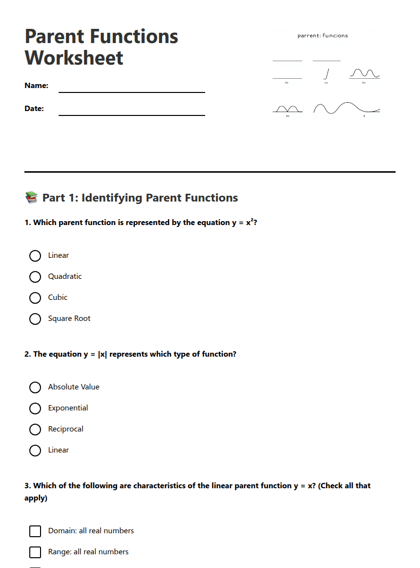 Parent Functions Worksheet worksheet preview