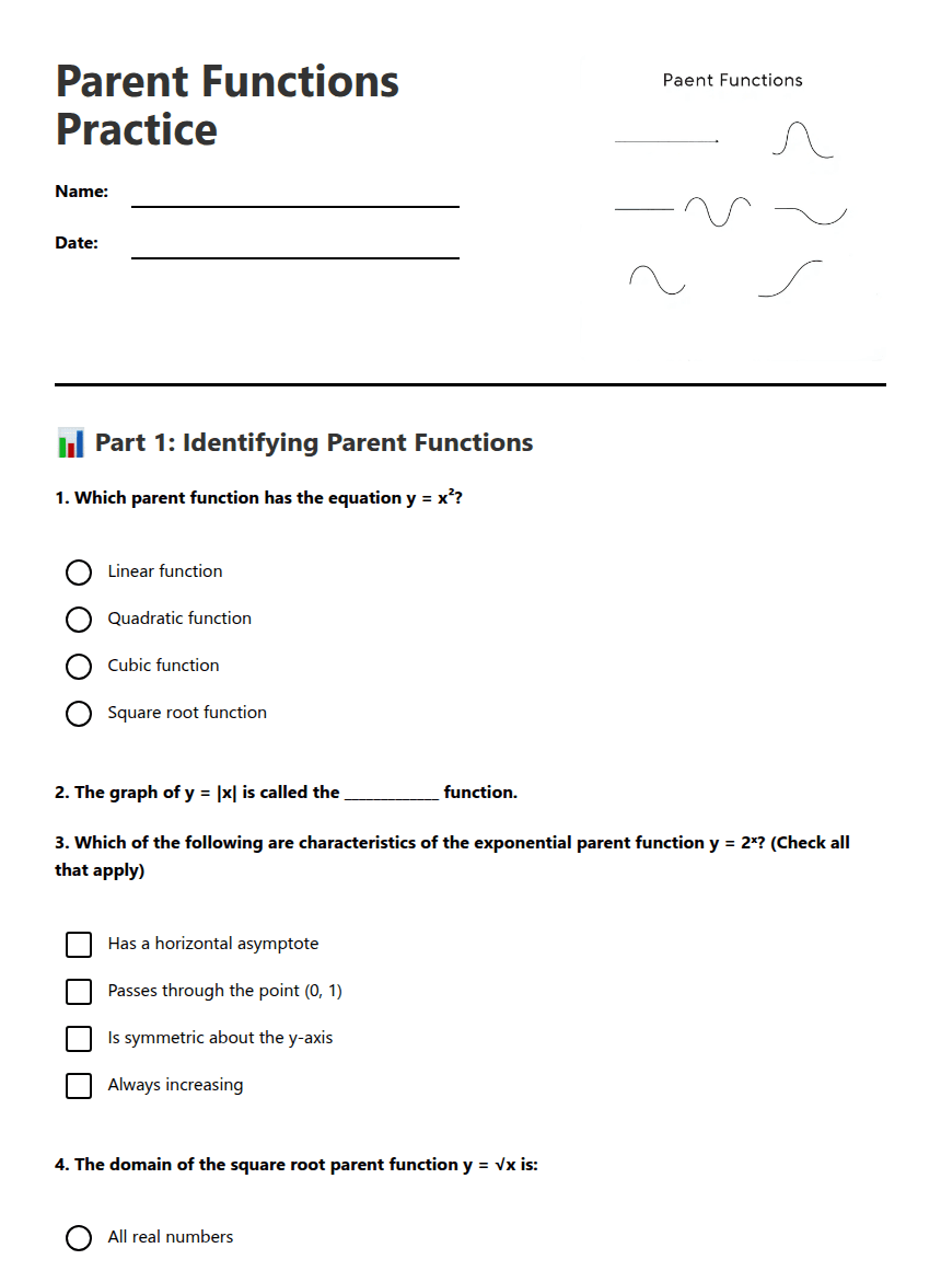 Parent Functions Practice worksheet preview