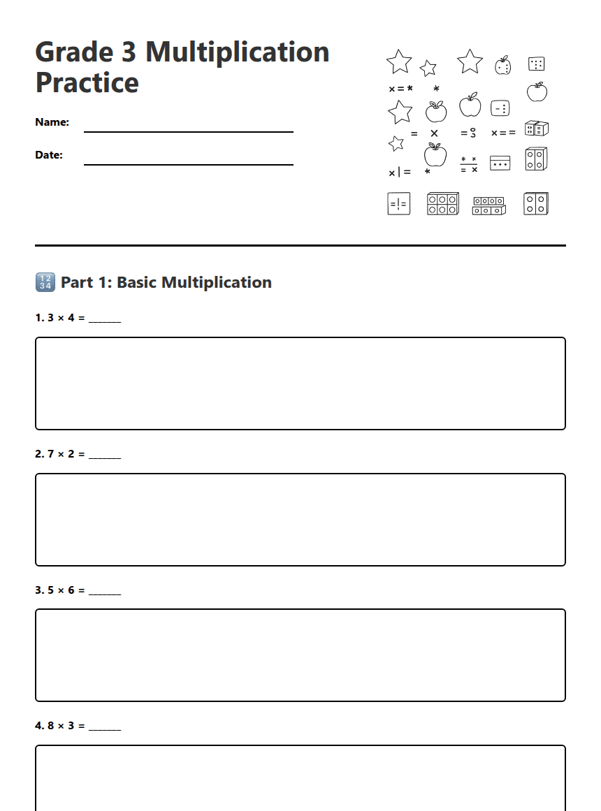 Grade 3 Multiplication Practice worksheet preview