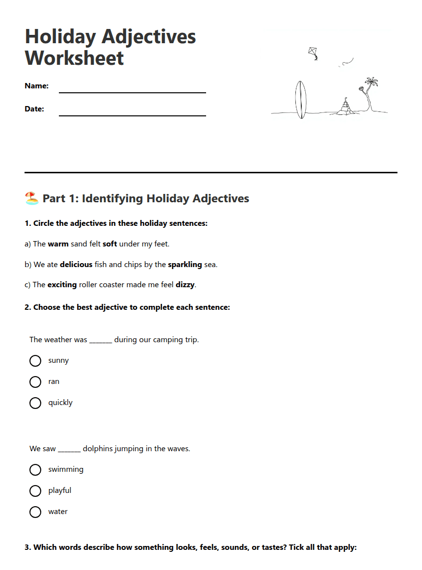 Holiday Adjectives Worksheet worksheet preview