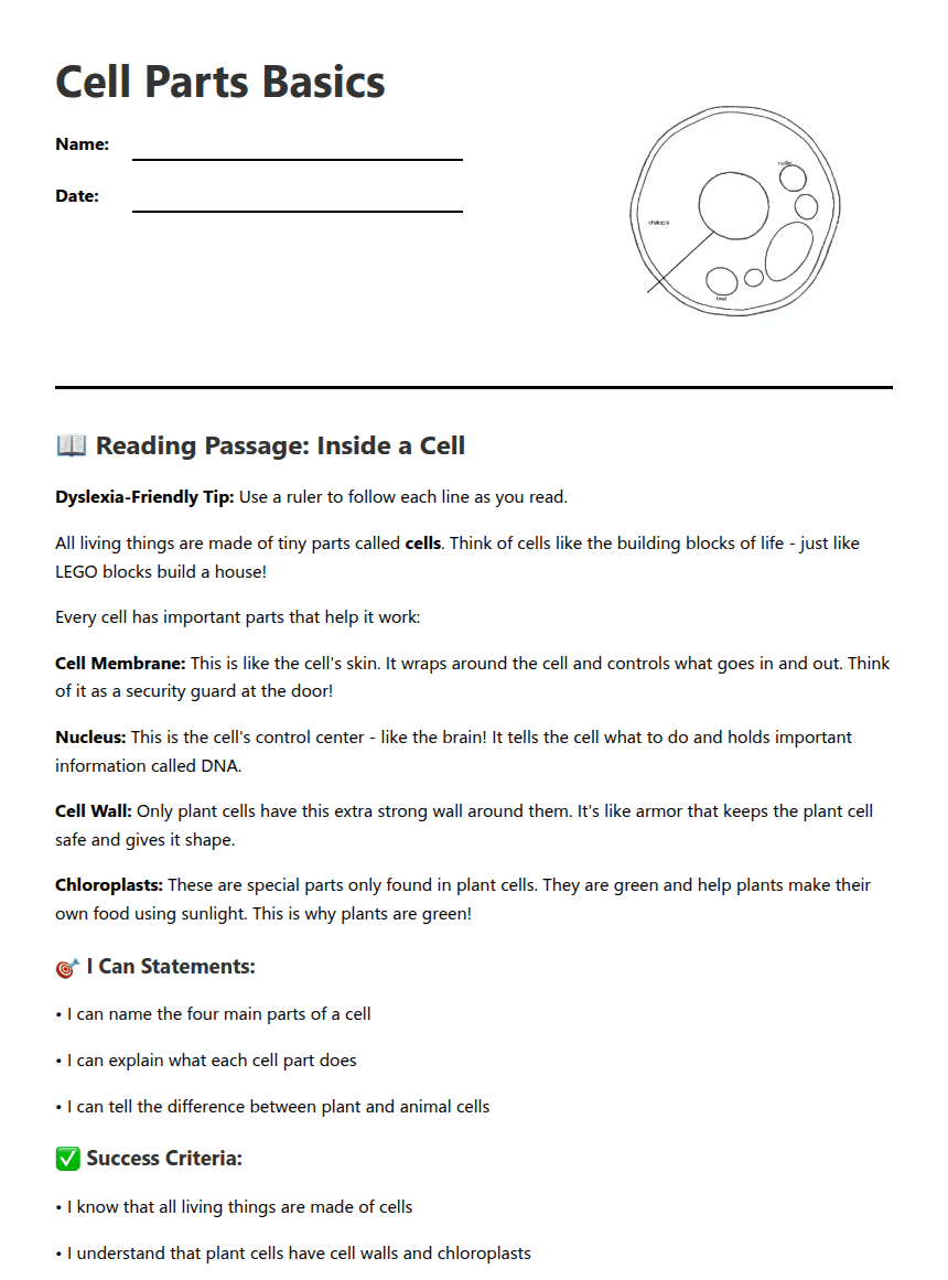 Cell Parts Basics worksheet preview