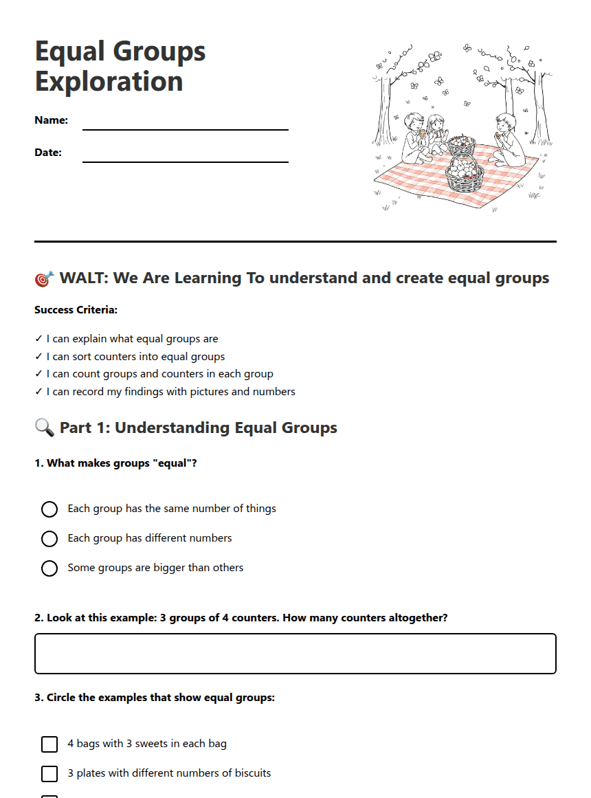 Equal Groups Exploration worksheet preview