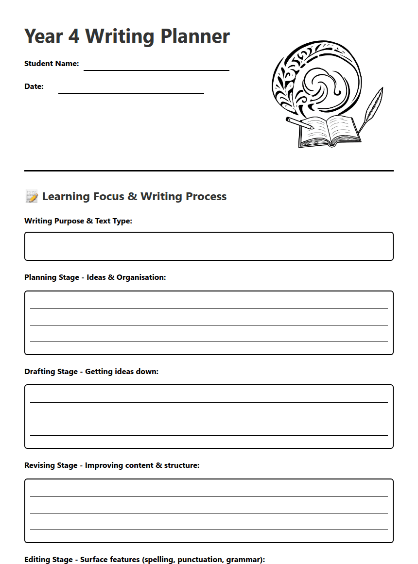 Year 4 Writing Planner worksheet preview