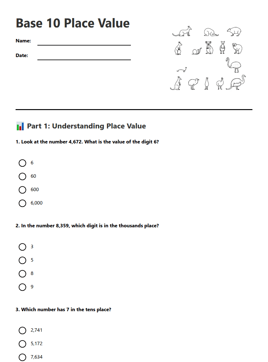 Base 10 Place Value worksheet preview