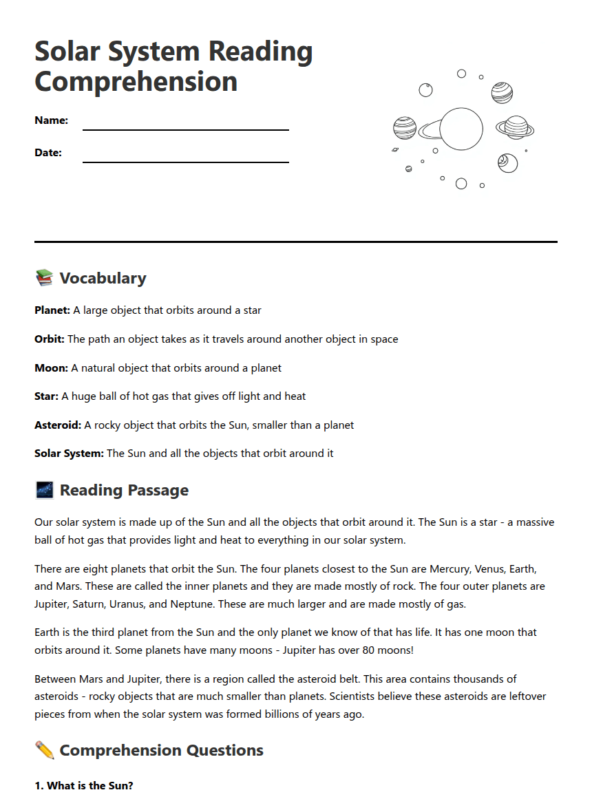Solar System Reading Comprehension worksheet preview