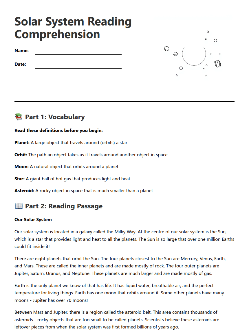 Solar System Reading Comprehension worksheet preview