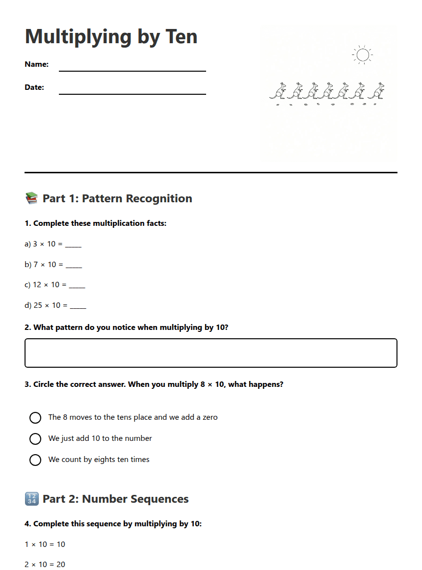 Multiplying by Ten worksheet preview