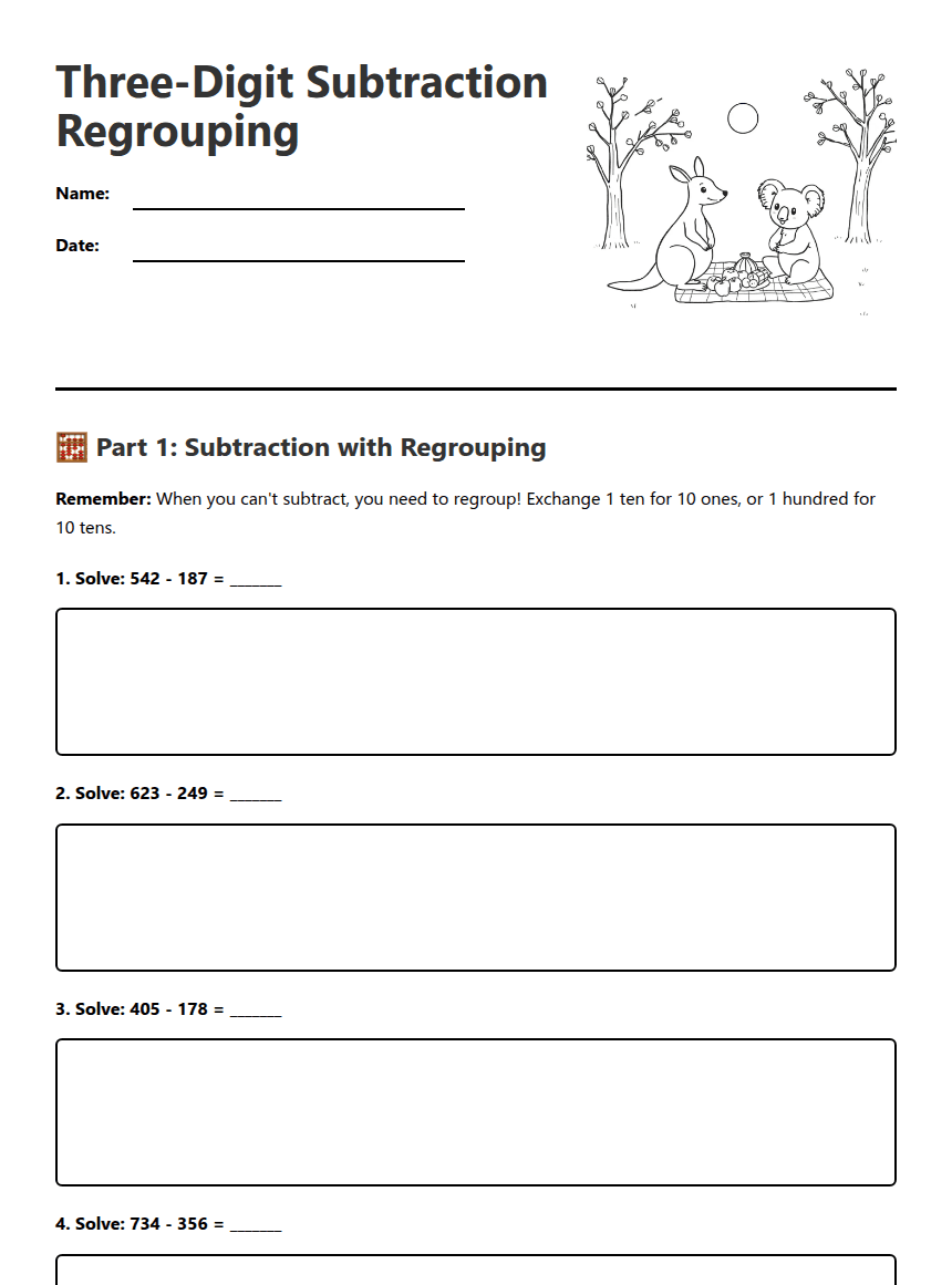 Three-Digit Subtraction Regrouping worksheet preview