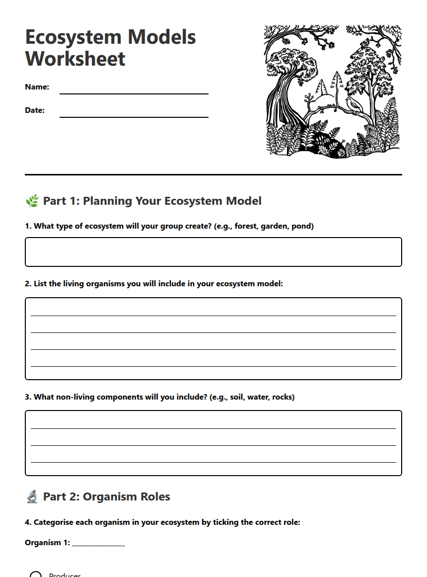 Ecosystem Models Worksheet worksheet preview