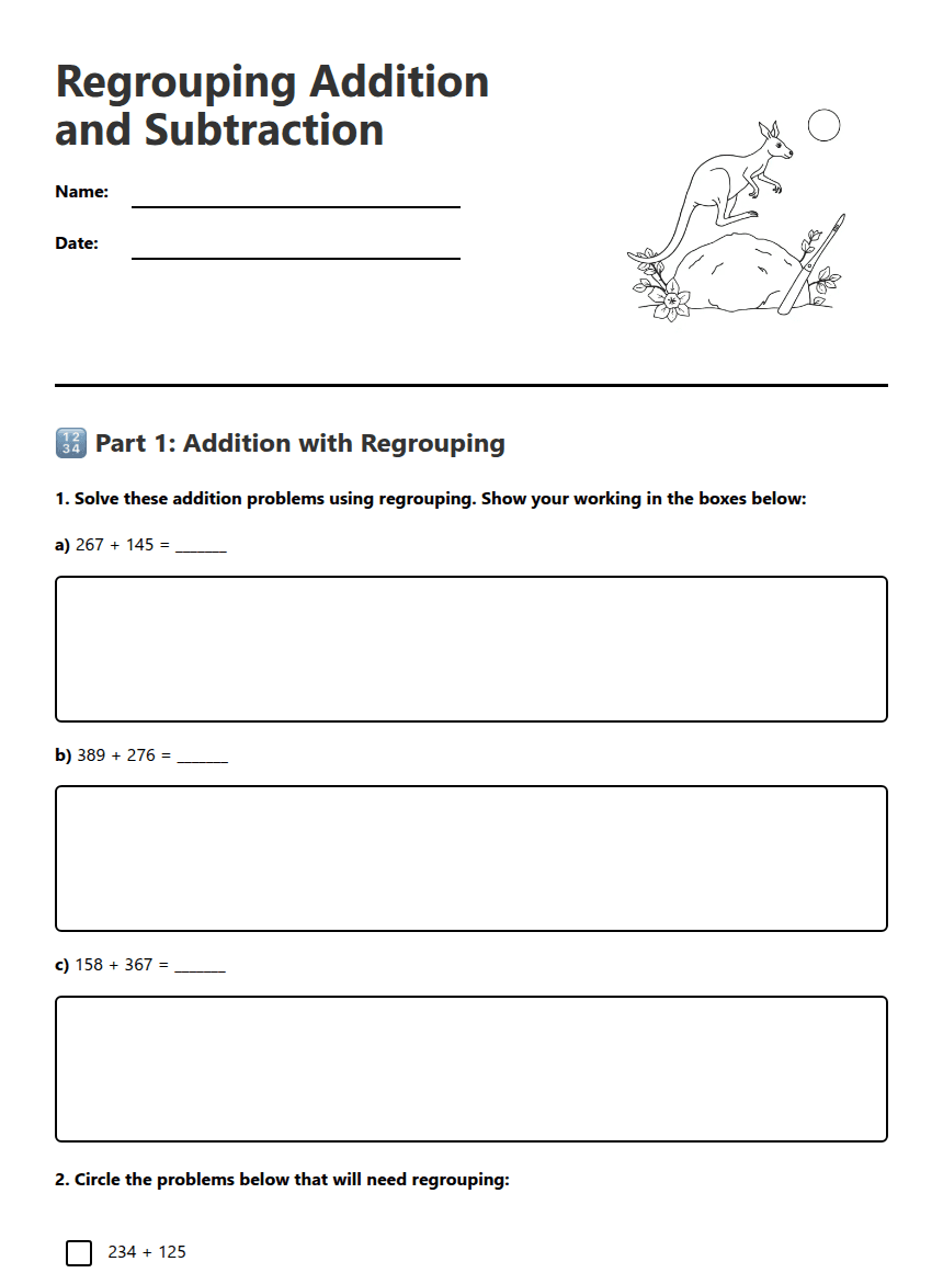 Regrouping Addition and Subtraction worksheet preview