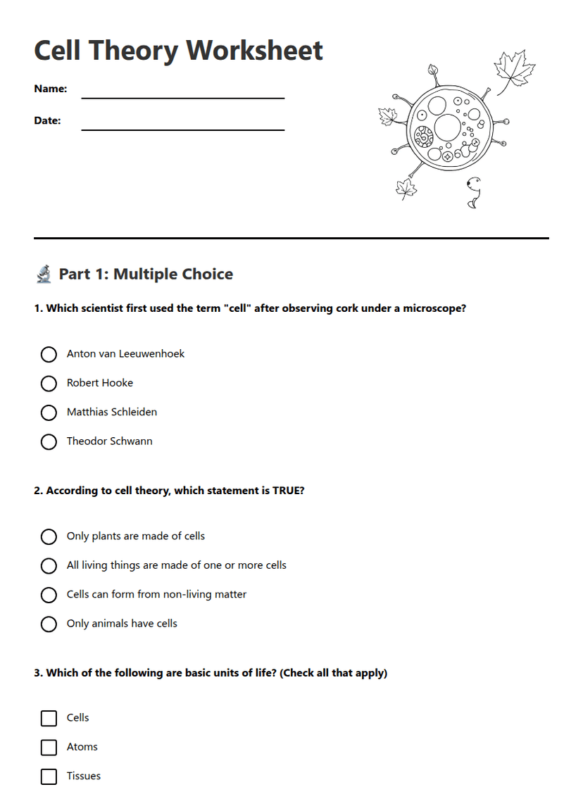 Cell Theory Worksheet