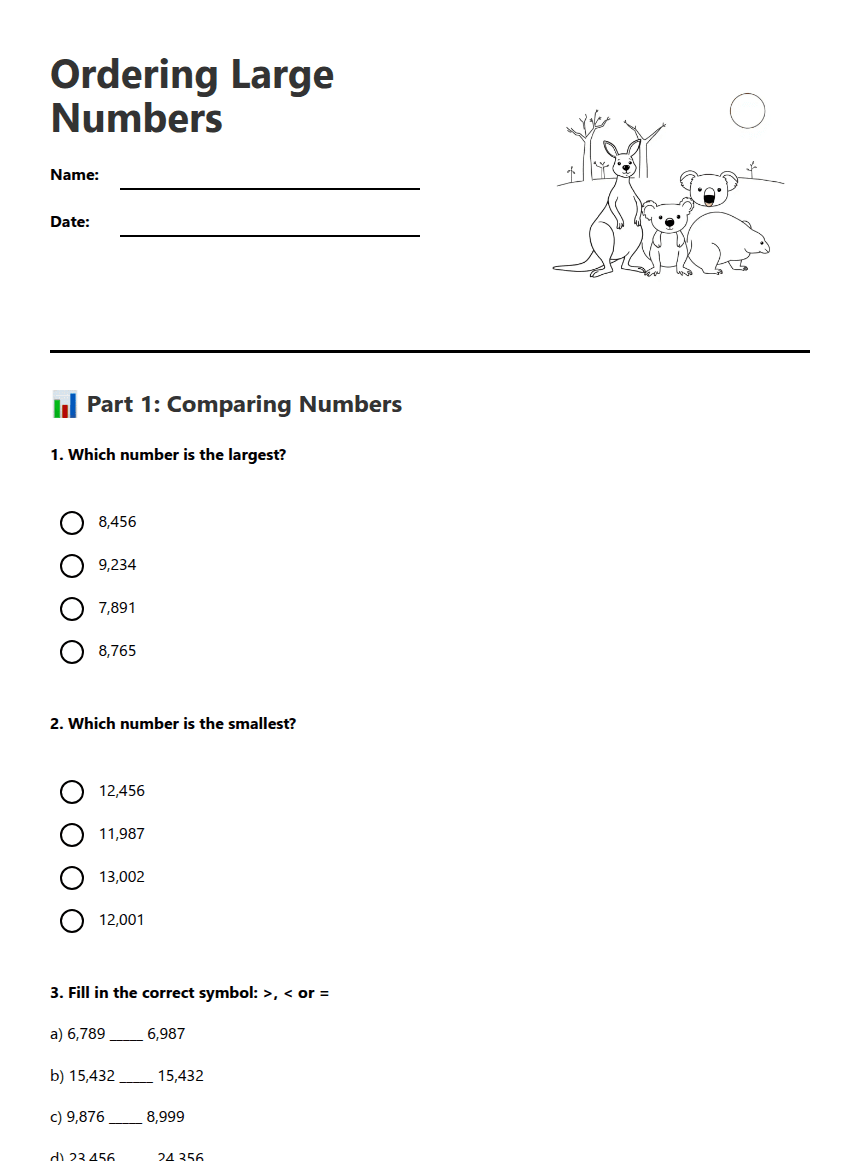 Ordering Large Numbers worksheet preview