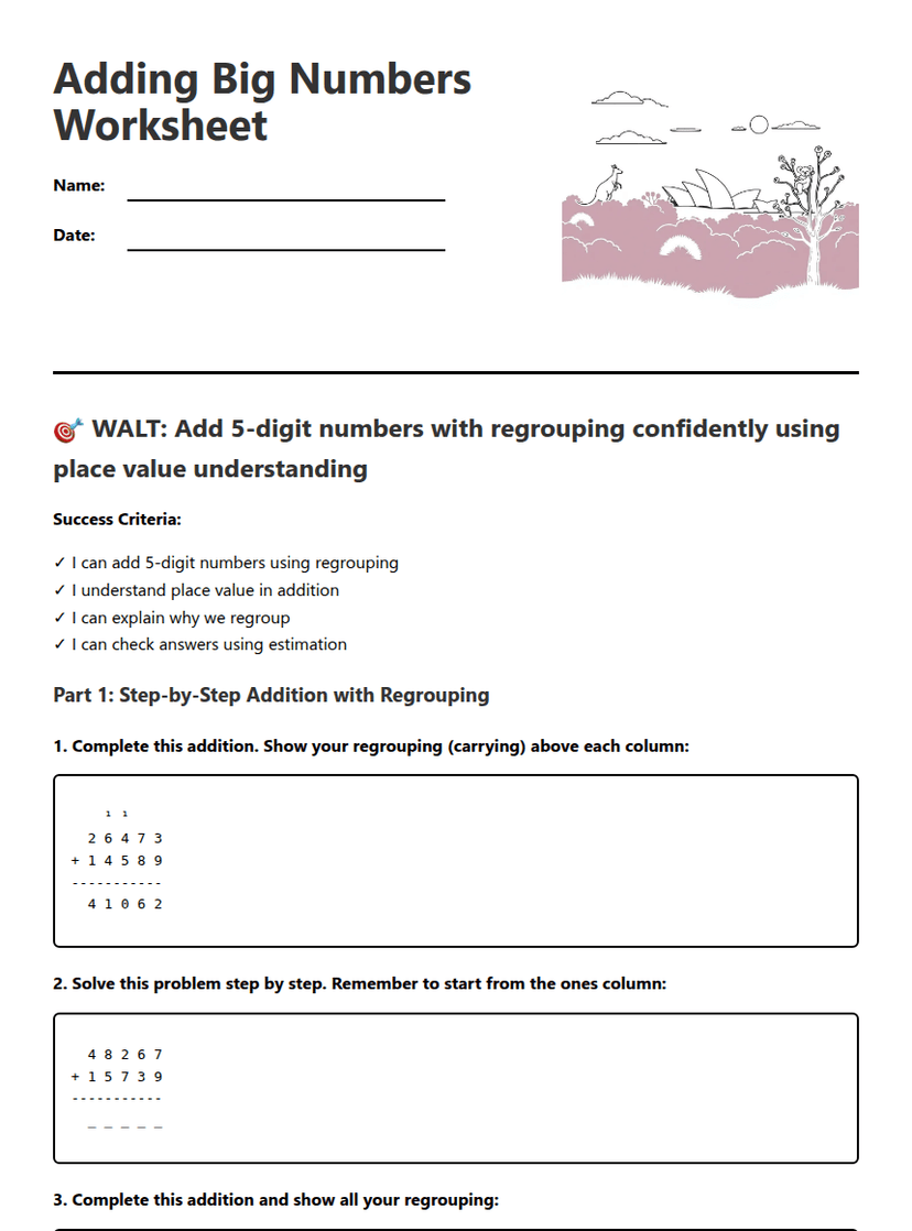 Adding Big Numbers Worksheet