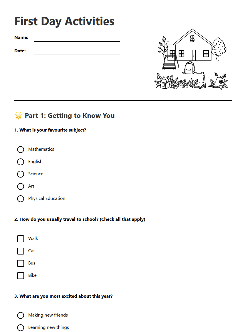 First Day Activities worksheet preview