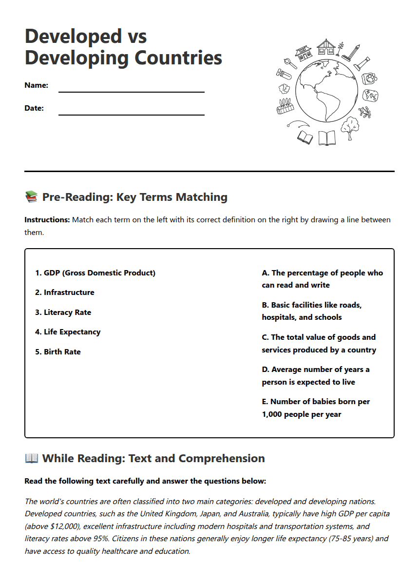 Developed vs Developing Countries worksheet preview