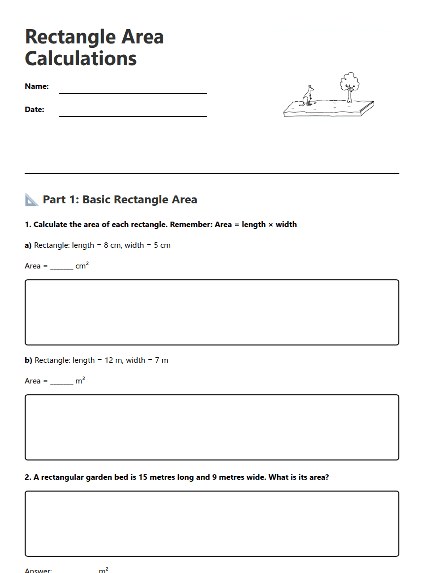 Rectangle Area Calculations worksheet preview