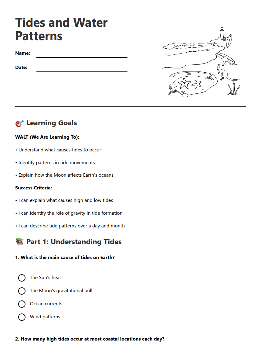 Tides and Water Patterns worksheet preview