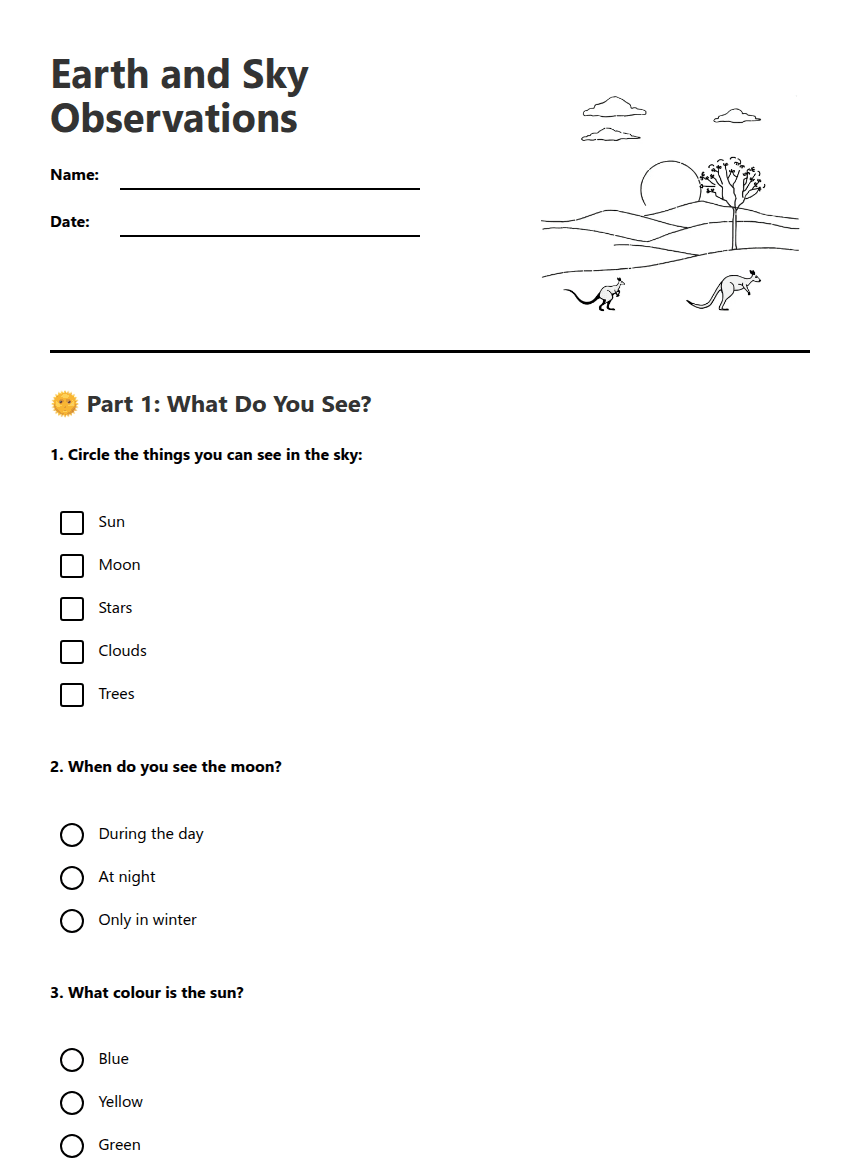 Earth and Sky Observations worksheet preview