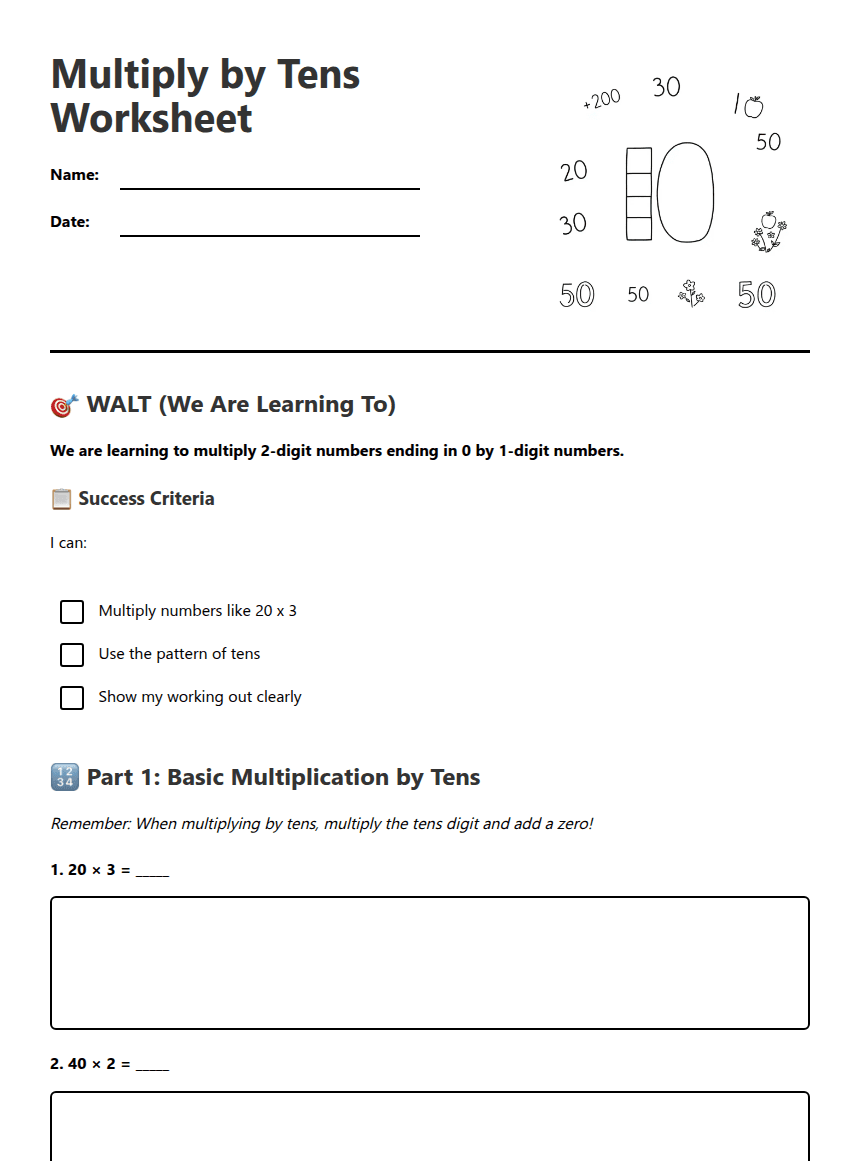Multiply by Tens Worksheet worksheet preview