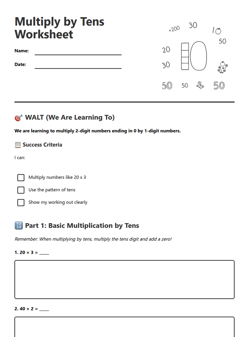 Multiply by Tens Worksheet