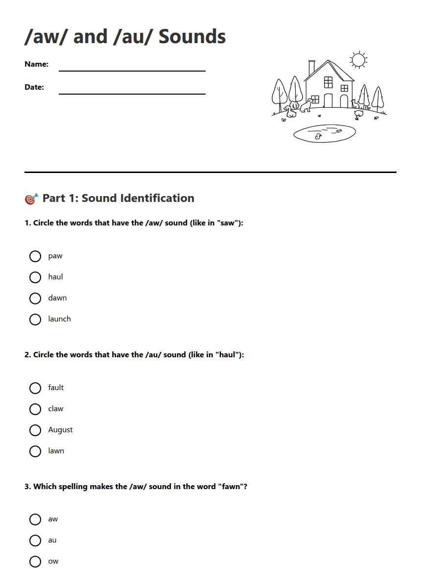 /aw/ and /au/ Sounds worksheet preview