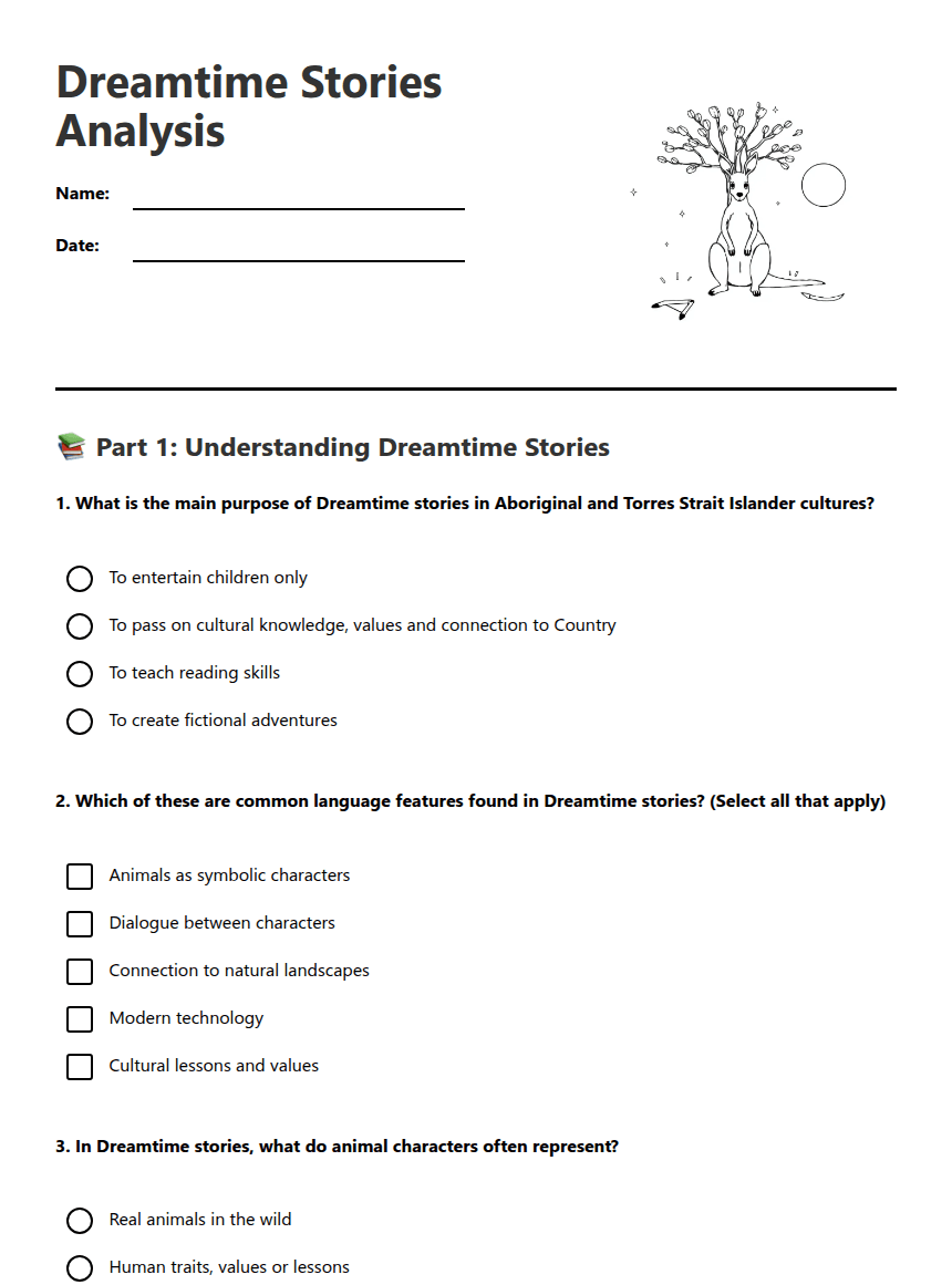 Dreamtime Stories Analysis worksheet preview