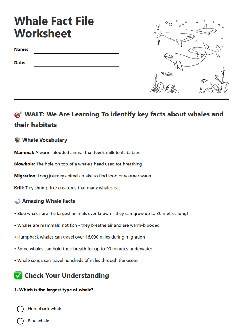 Whale Fact File Worksheet