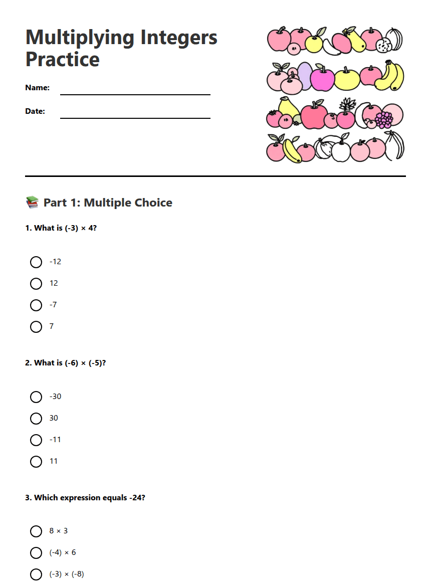 Multiplying Integers Practice worksheet preview