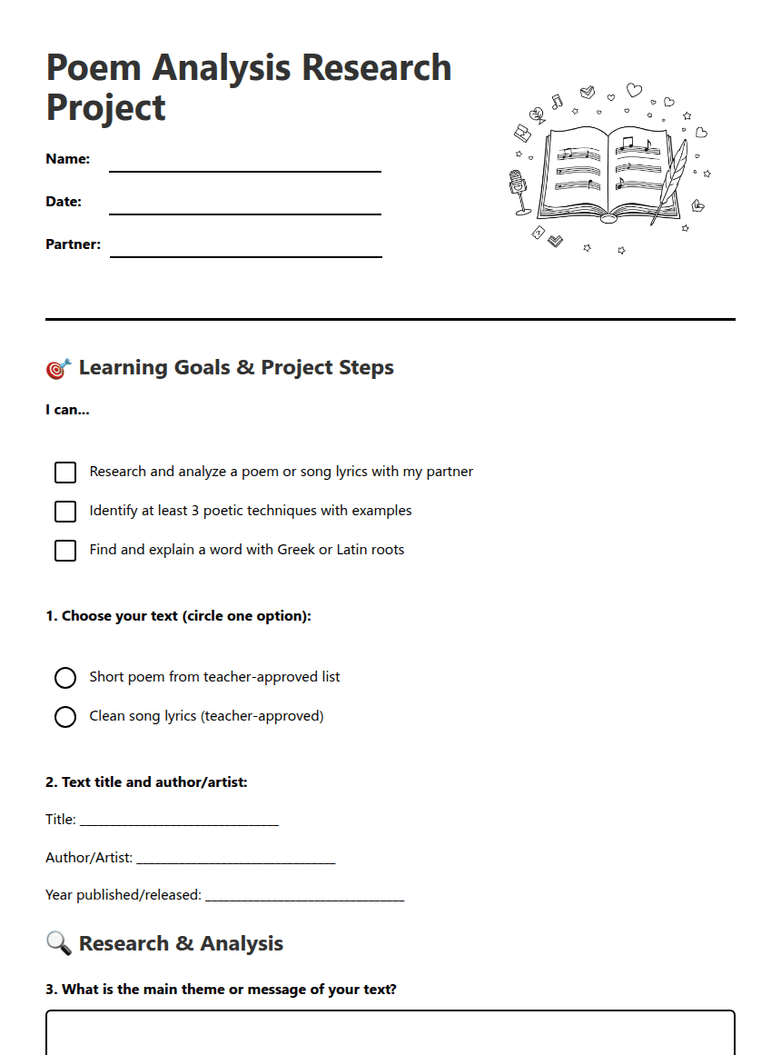 Poem Analysis Research Project worksheet preview