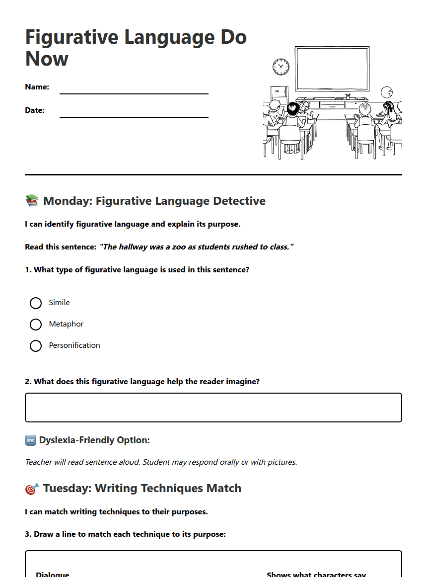 Figurative Language Do Now worksheet preview