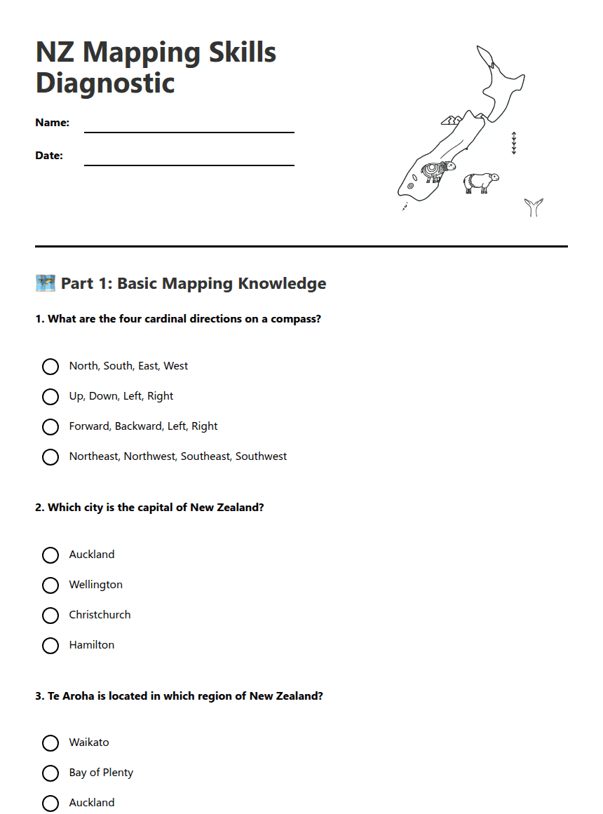 NZ Mapping Skills Diagnostic worksheet preview