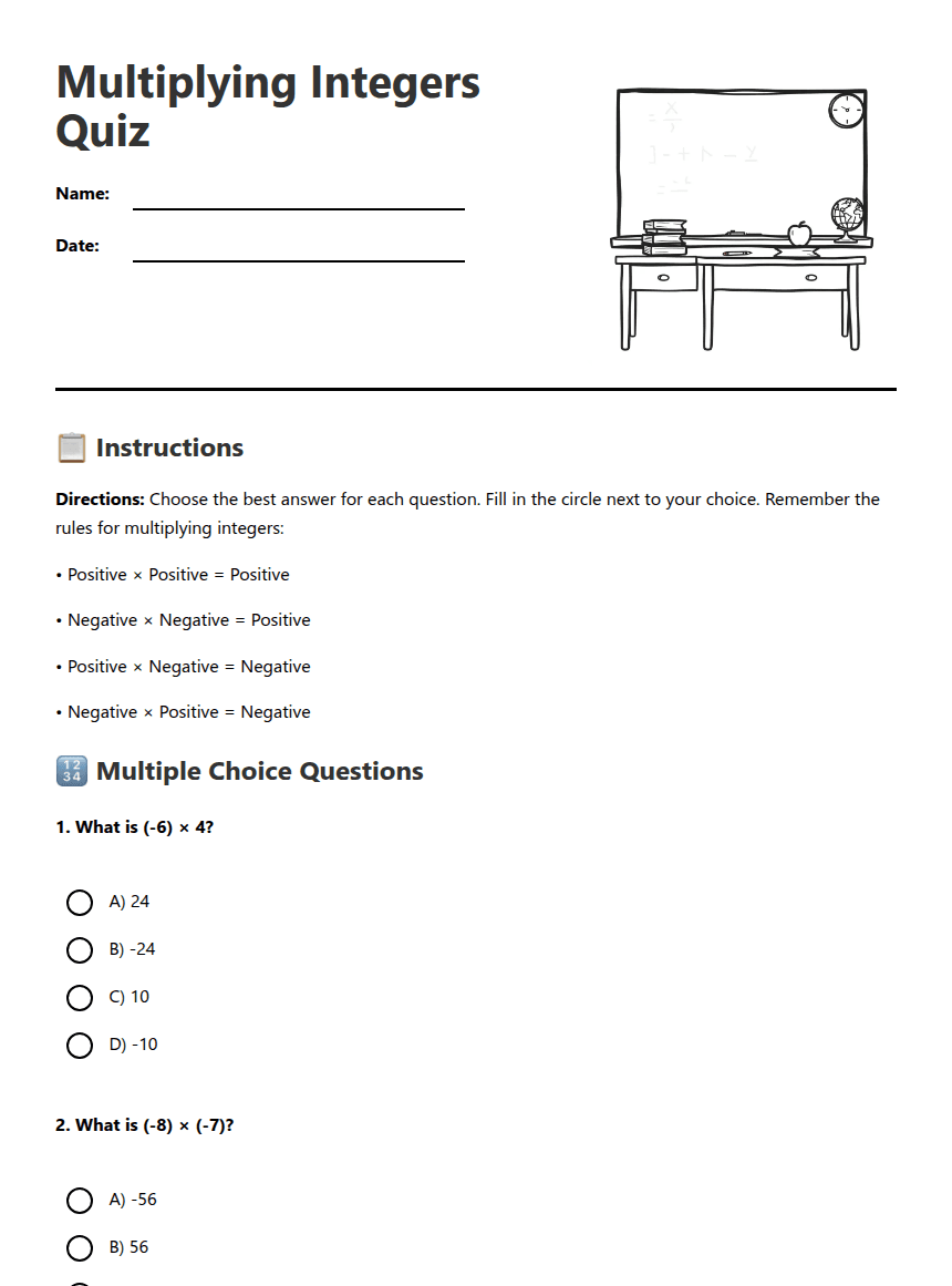 Multiplying Integers Quiz worksheet preview
