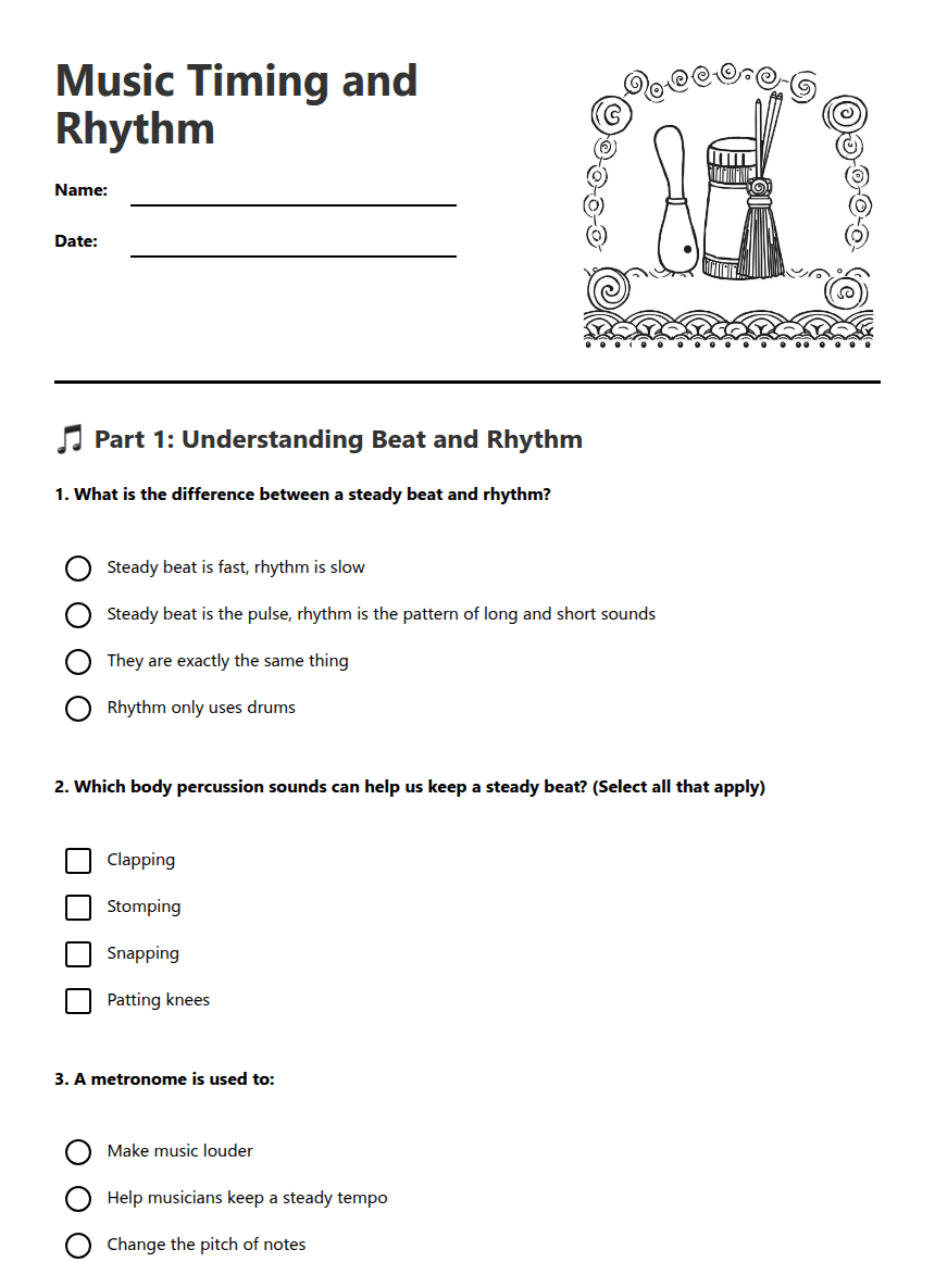 Music Timing and Rhythm worksheet preview