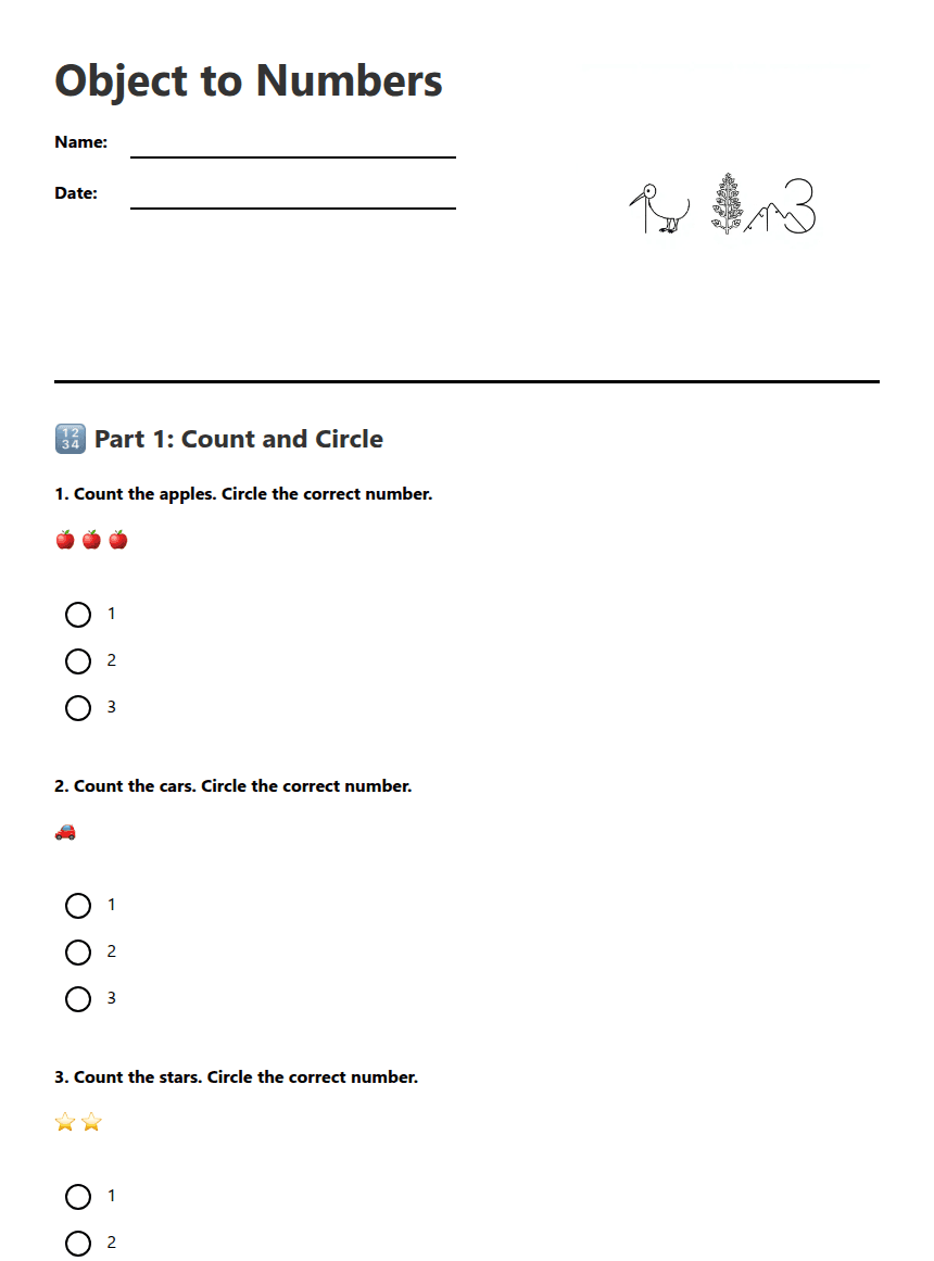 Object to Numbers worksheet preview