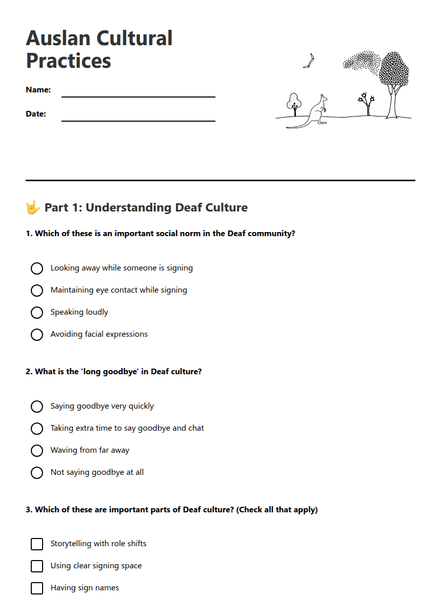 Auslan Cultural Practices worksheet preview