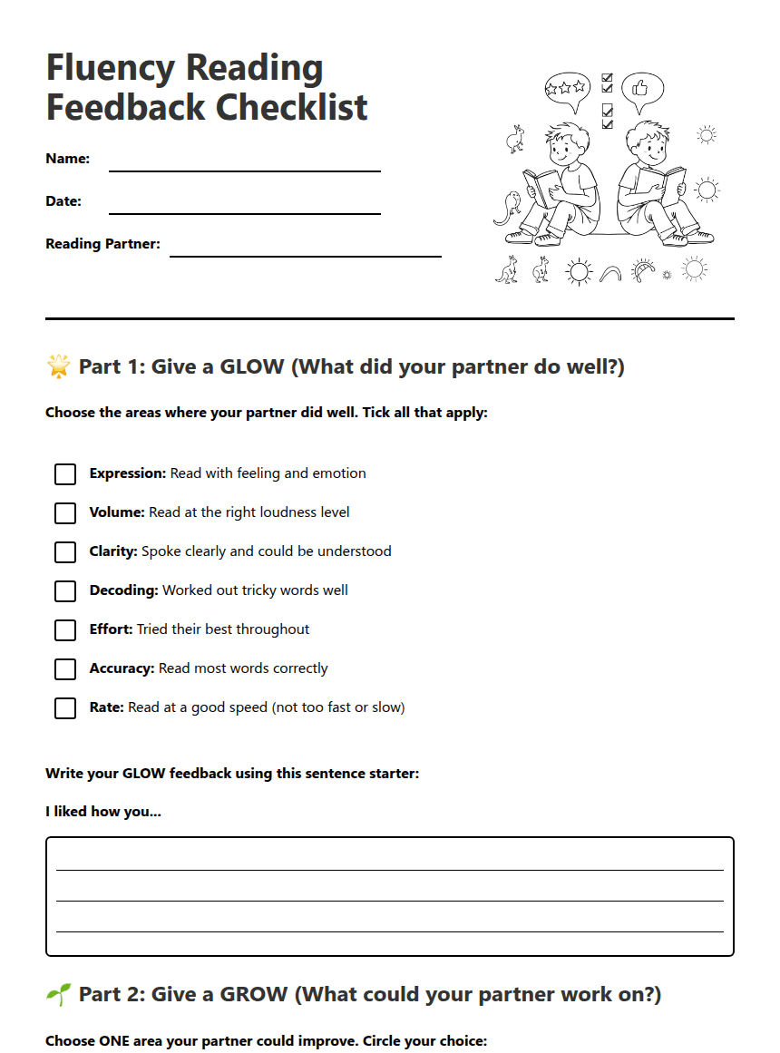 Fluency Reading Feedback Checklist worksheet preview