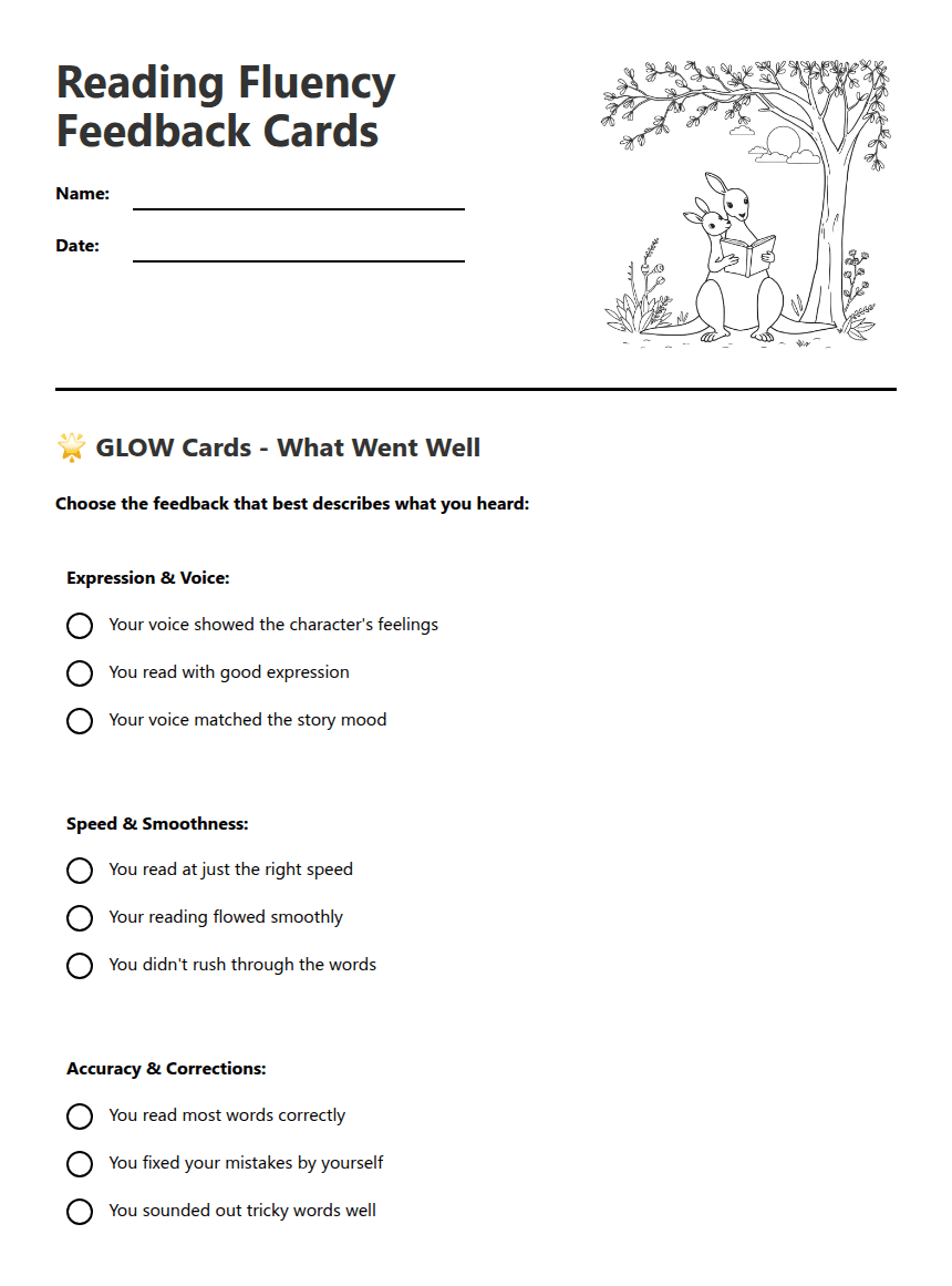 Reading Fluency Feedback Cards worksheet preview