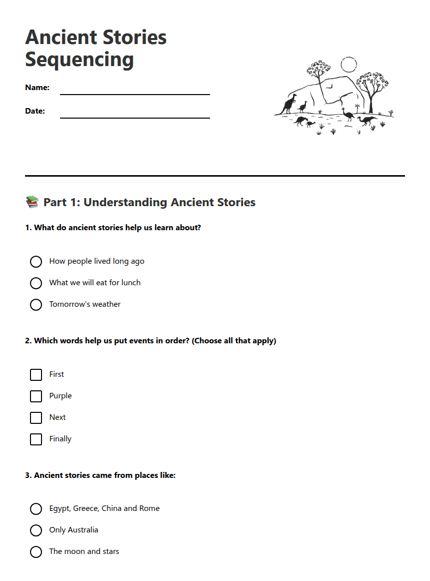 Ancient Stories Sequencing worksheet preview
