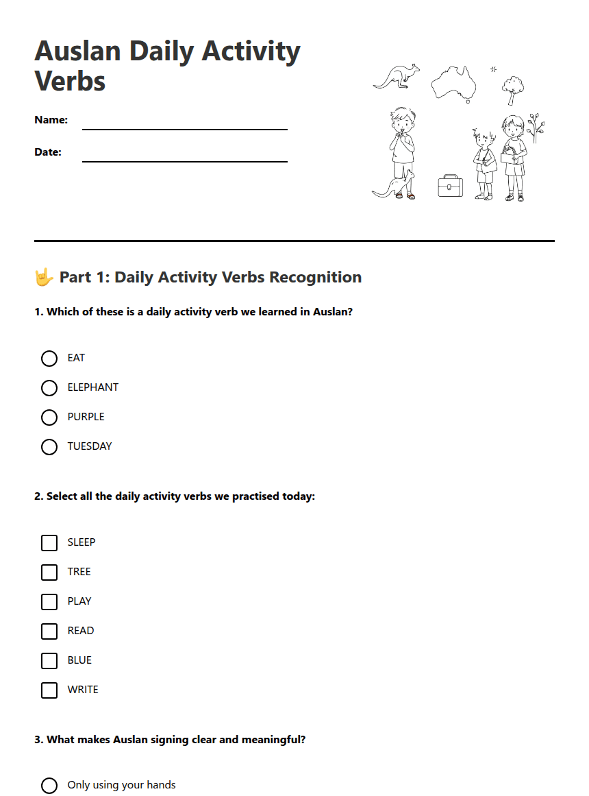 Auslan Daily Activity Verbs worksheet preview